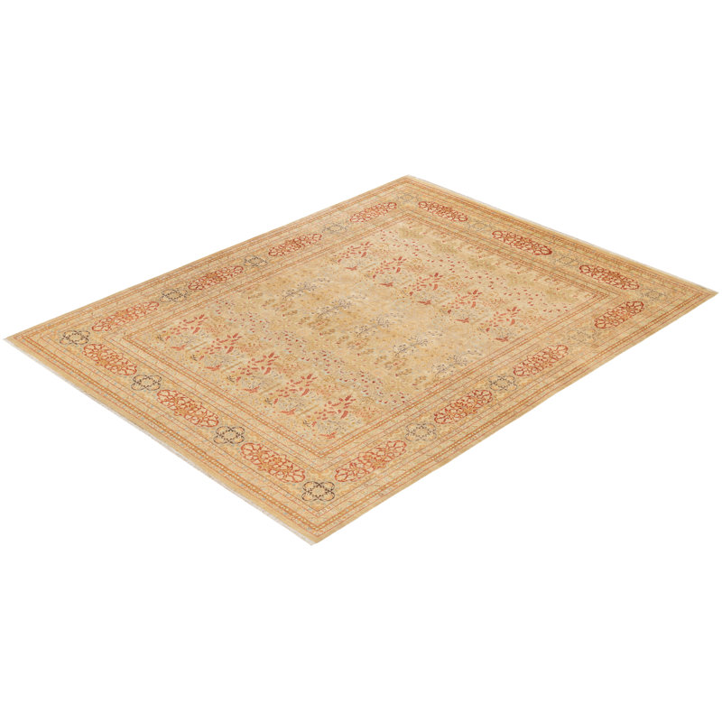 Ivory and Rust Hand-Knotted Wool Floral 8' x 10' Area Rug