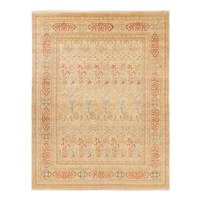 Ivory and Rust Hand-Knotted Wool Floral 8' x 10' Area Rug