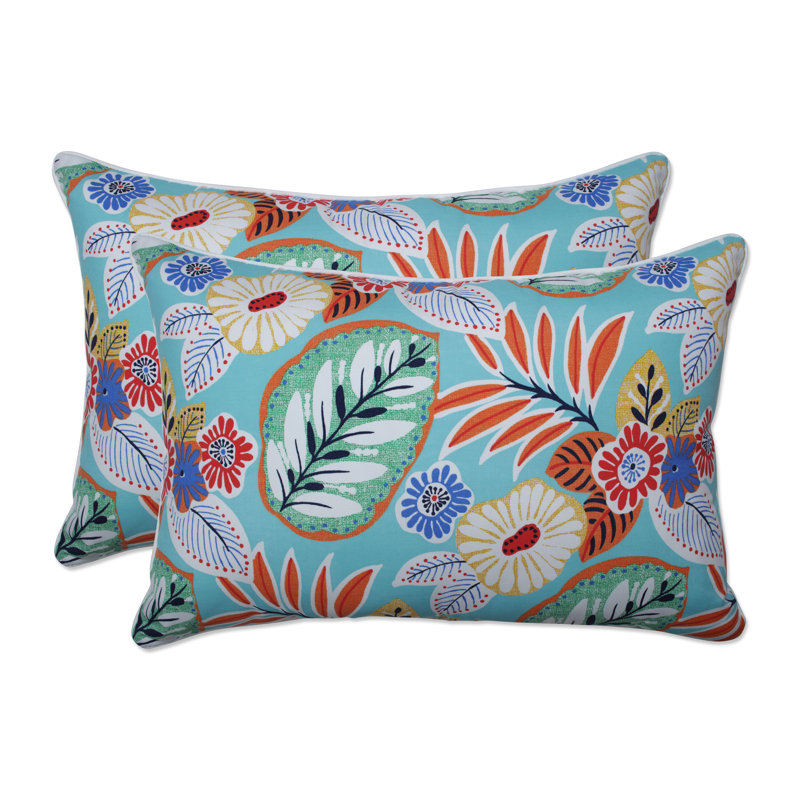 Marlow Aqua Floral Rectangular Indoor/Outdoor Throw Pillows, Set of 2