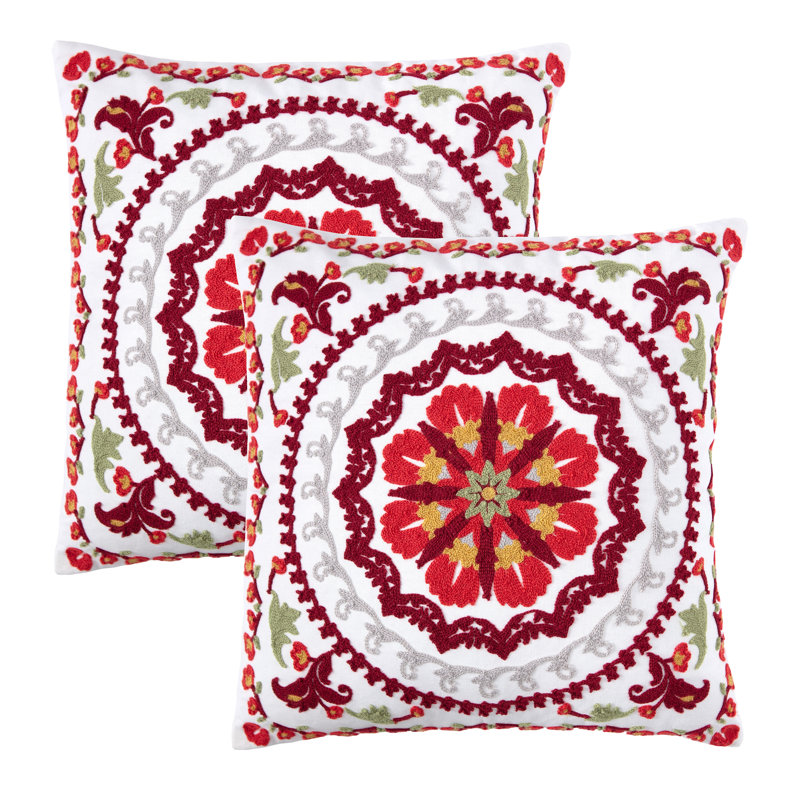 Red and White Embroidered Cotton Polyester Euro Pillow Covers
