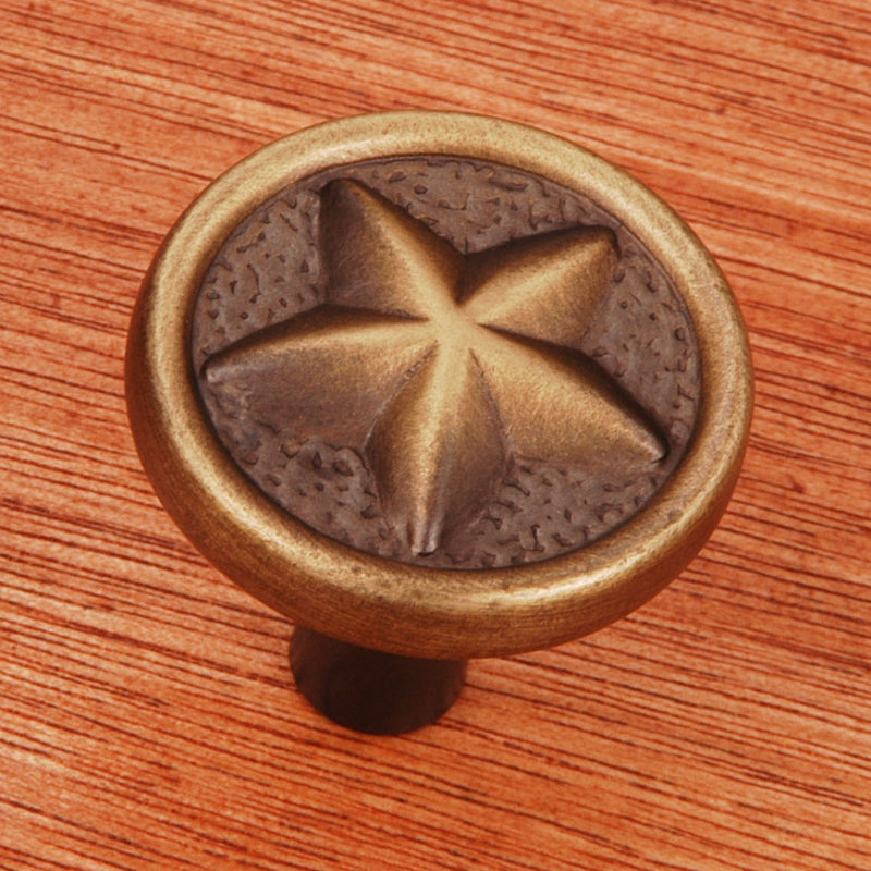 Antique Brass Star Circle Knob with Mounting Hardware