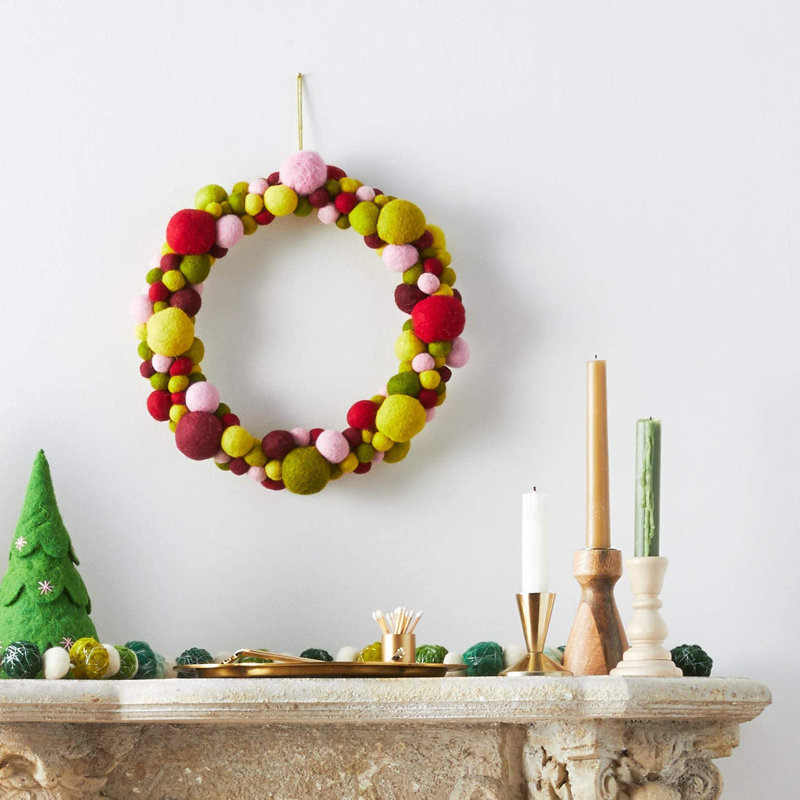 Handmade Multicolor Felt Ball 14" Wool Wreath