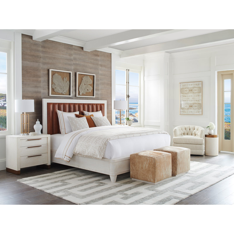 King Oak Upholstered Bed with Tufted Leather Headboard
