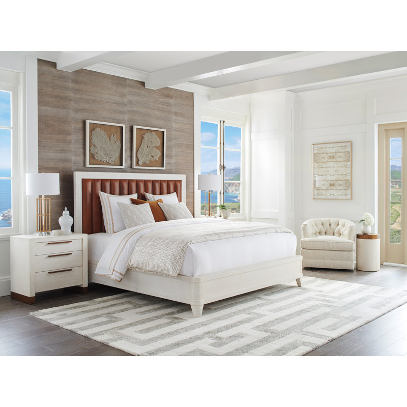 King Oak Upholstered Bed with Tufted Leather Headboard