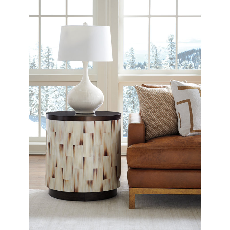 Crescent Commode Round Chairside Table in Brown/Cream with Metal Top