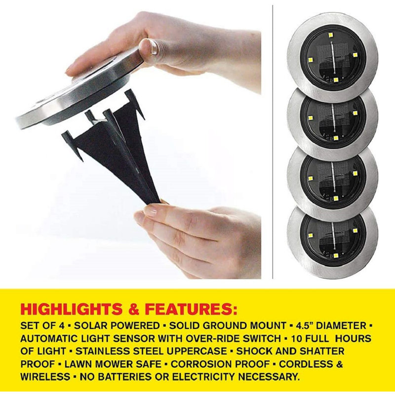 Bell + Howell Silver Solar LED Pathway Disk Lights, Set of 4