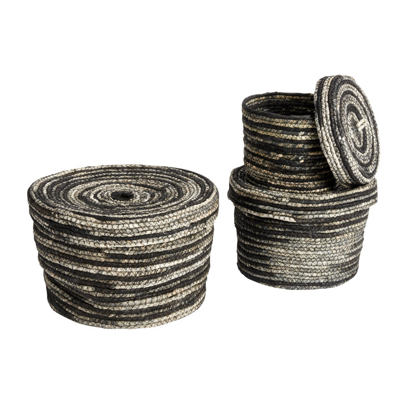 Black and Natural Wicker Round Storage Basket Set