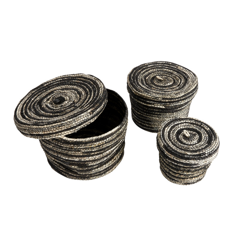 Black and Natural Wicker Round Storage Basket Set