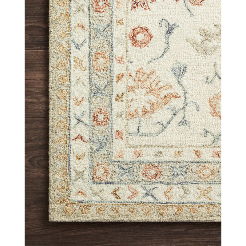 Handmade Ivory Wool Rectangular Floral Area Rug