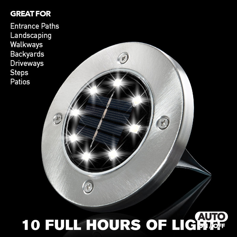 Stainless Steel Solar LED Pathway Disk Lights, Set of 8