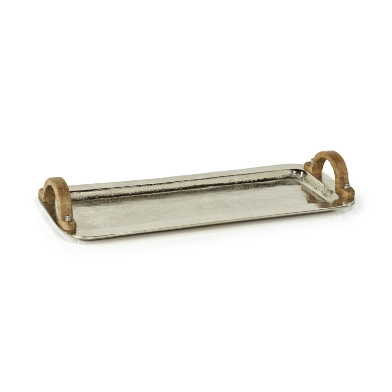Clamart Rectangular Silver Aluminum Tray with Wood Handles