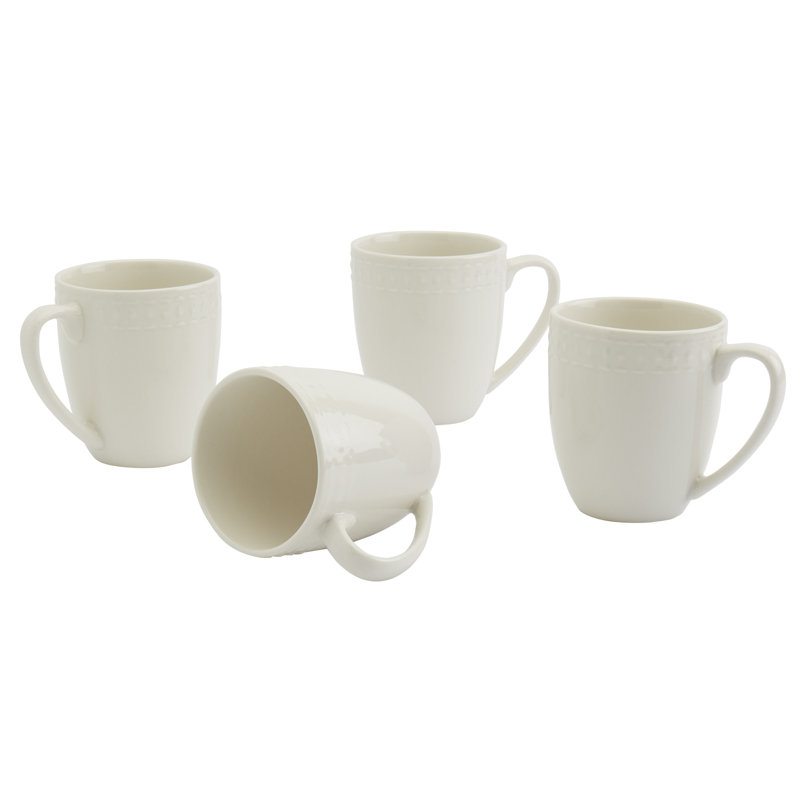 Embossed White Porcelain Mug Set for 4