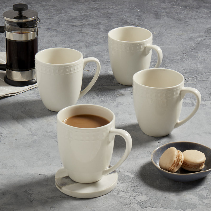 Embossed White Porcelain Mug Set for 4