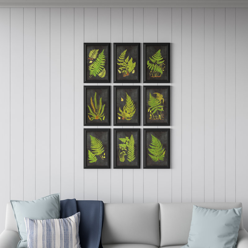 Black Solid Wood Gallery Wall Frame Set with Fern Graphic Art Prints