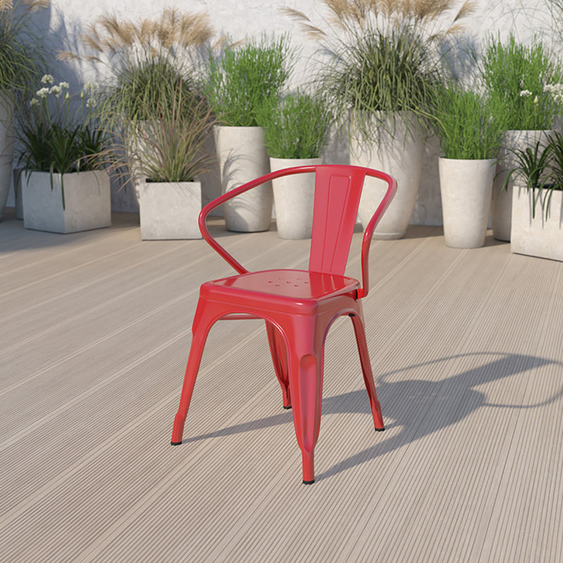 Vibrant Red Steel Slat-Back Indoor-Outdoor Dining Chair with Arms