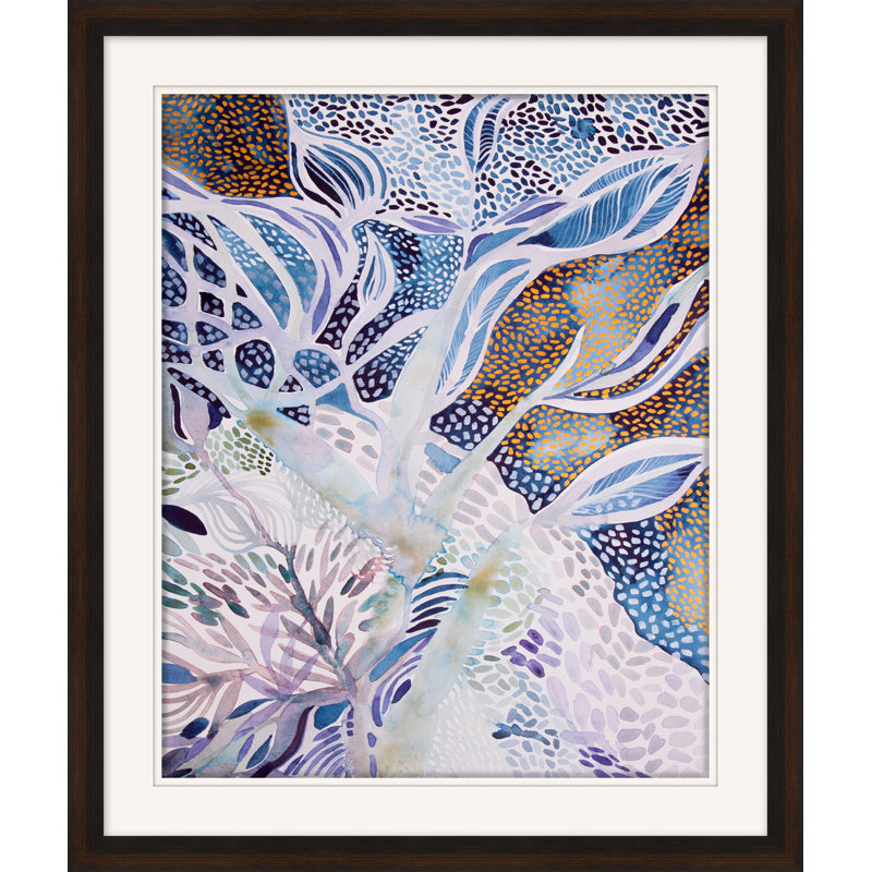 Blue and White Abstract Oil Painting with Dark Wood Frame