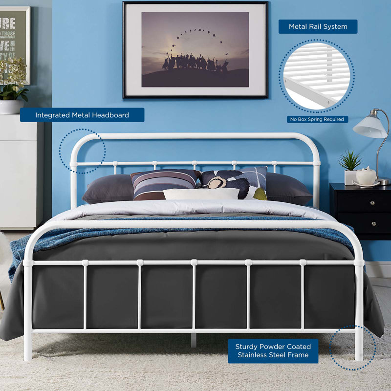 Maisie White Queen Metal Bed Frame with Headboard