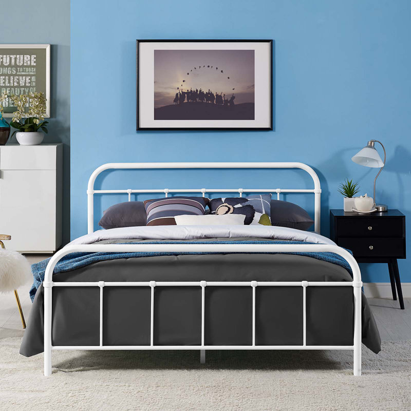 Maisie White Queen Metal Bed Frame with Headboard