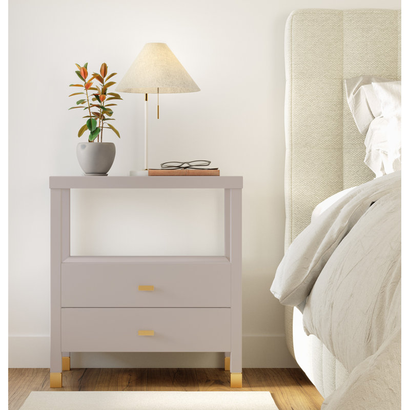 Gray Solid Wood 2-Drawer Nightstand with Shelf