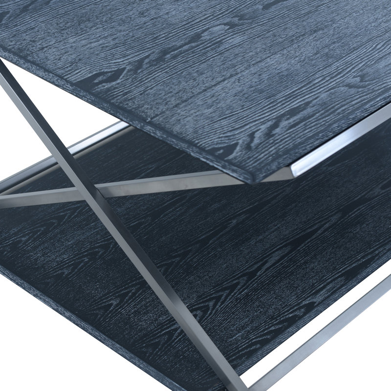 Modern Black Wood & Silver Metal Rectangular Coffee Table with Dual Shelves