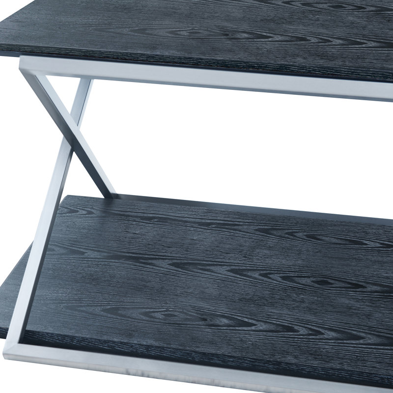 Modern Black Wood & Silver Metal Rectangular Coffee Table with Dual Shelves