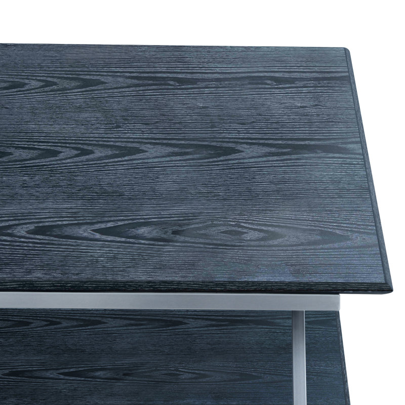 Modern Black Wood & Silver Metal Rectangular Coffee Table with Dual Shelves
