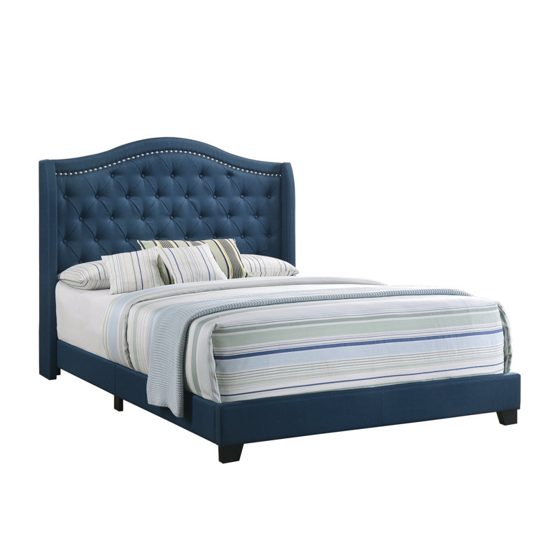 Elegant Blue Queen Bed with Tufted Upholstered Headboard and Nailhead Trim