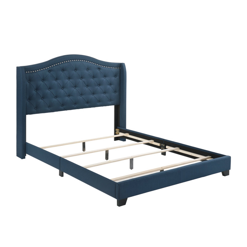 Elegant Blue Queen Bed with Tufted Upholstered Headboard and Nailhead Trim