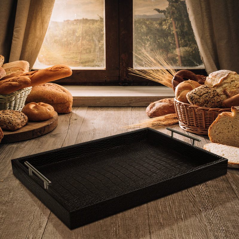 Black Faux Leather Rectangular Serving Tray with Metal Handles