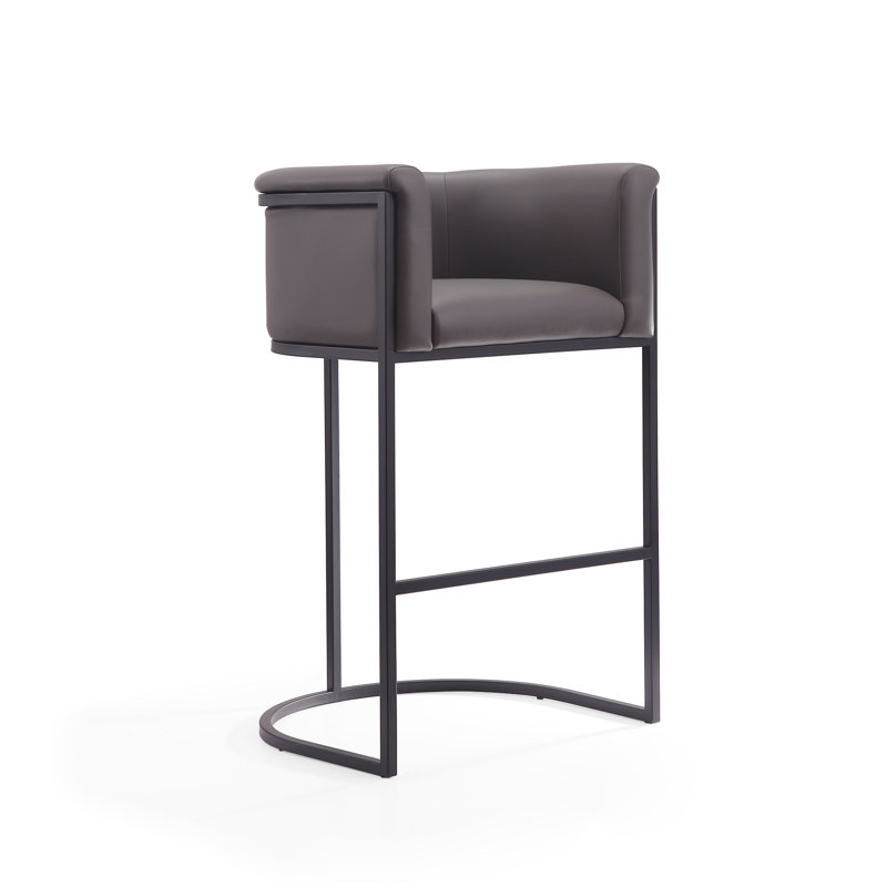 Gray Upholstered Metal Frame Barrel Bar Stool