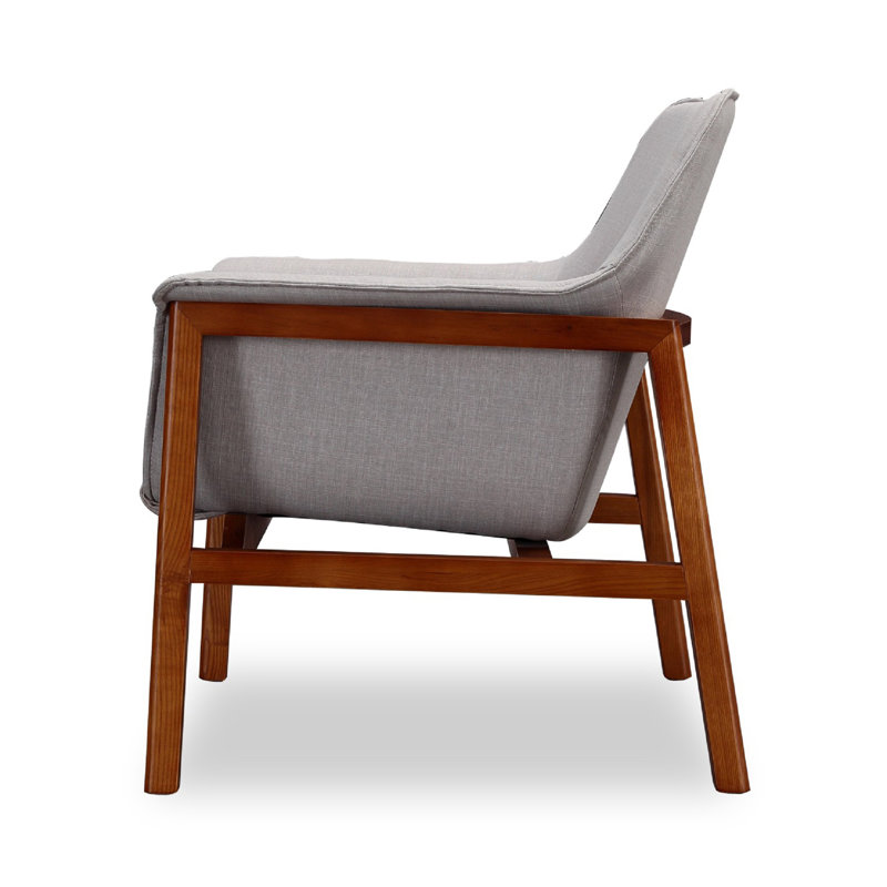 Mid Century Modern Gray Linen and Walnut Wood Accent Chair