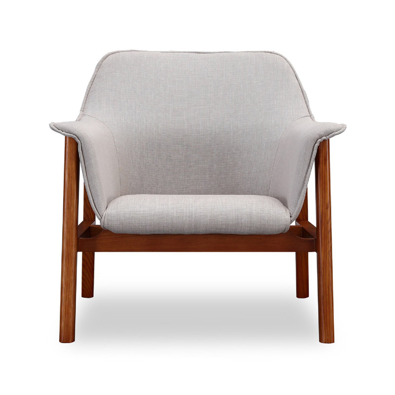 Mid Century Modern Gray Linen and Walnut Wood Accent Chair