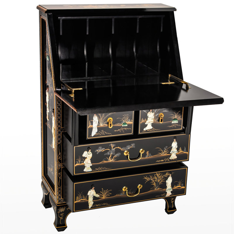 Exquisite Black Lacquer Secretary Desk with Mother-of-Pearl Accents
