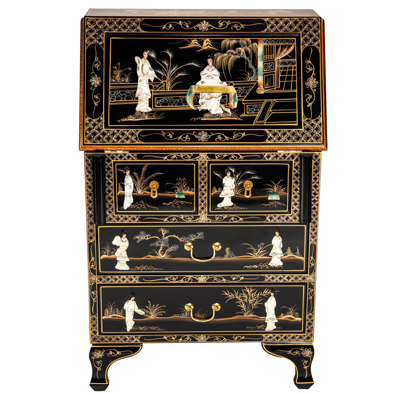 Exquisite Black Lacquer Secretary Desk with Mother-of-Pearl Accents