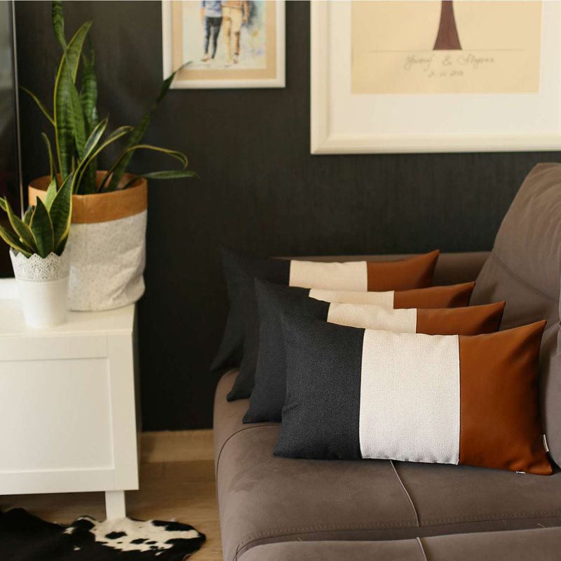 Boho-Chic Black, Ivory, and Brown Faux Leather Pillow Covers