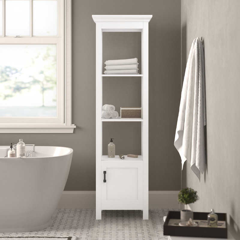 Transitional White Linen Cabinet with Chrome Hardware and Adjustable Shelving