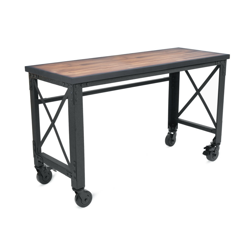 Dark Brown Wood and Metal Industrial Desk with Casters