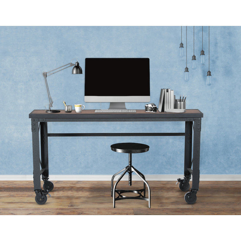Dark Brown Wood and Metal Industrial Desk with Casters