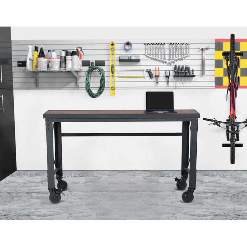 Dark Brown Wood and Metal Industrial Desk with Casters