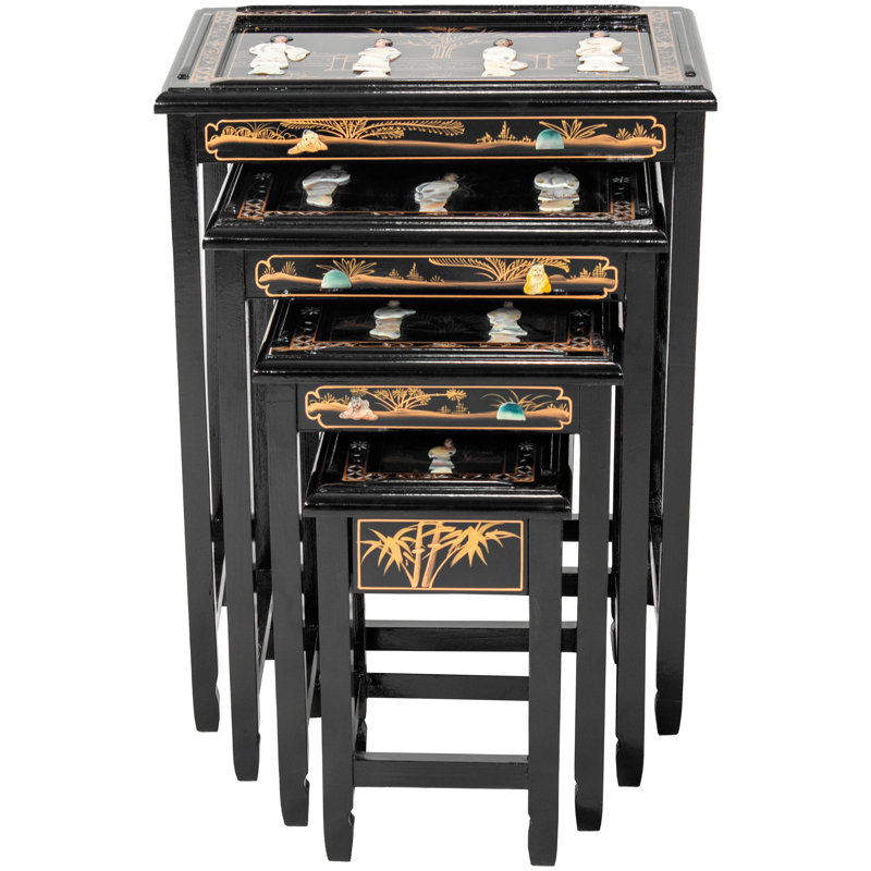 Elegant Elmwood Black Lacquer Nesting Tables with Mother of Pearl Inlay