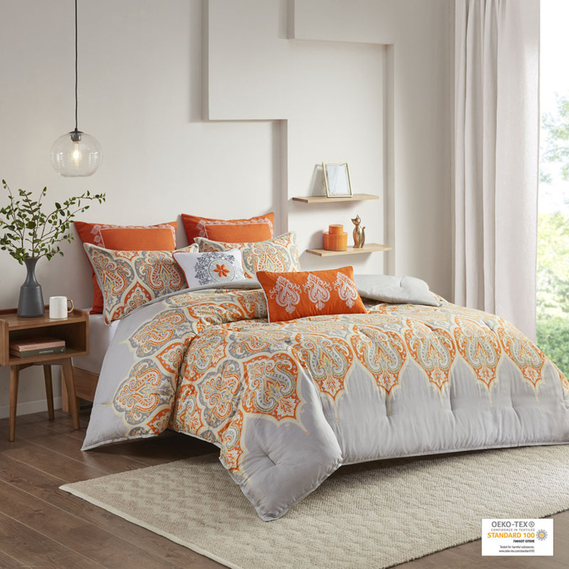 King White and Orange Cotton Comforter Set with Shams