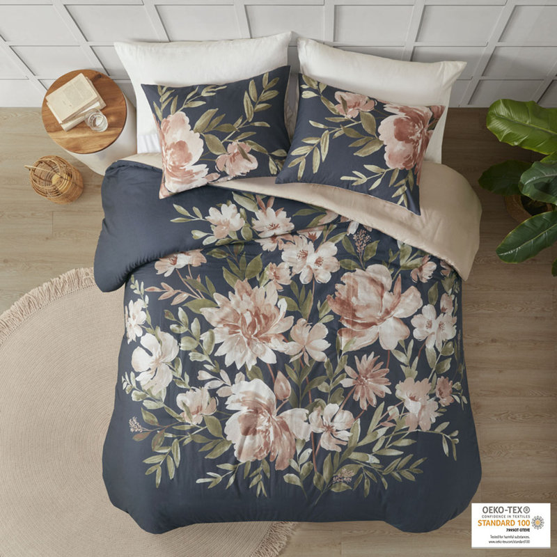 Camillia Navy Floral Cotton Full/Queen Duvet Cover Set