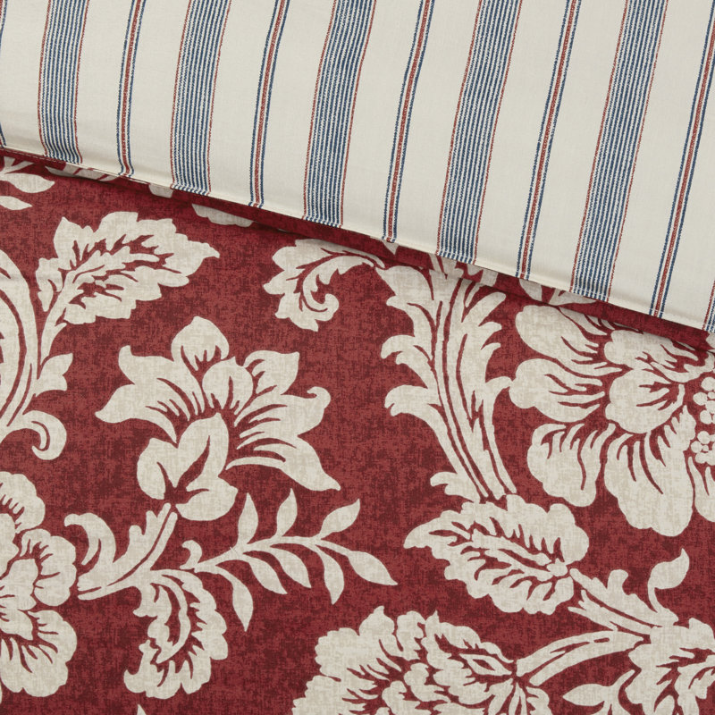 Red Floral Cotton Queen Duvet Cover Set with Shams