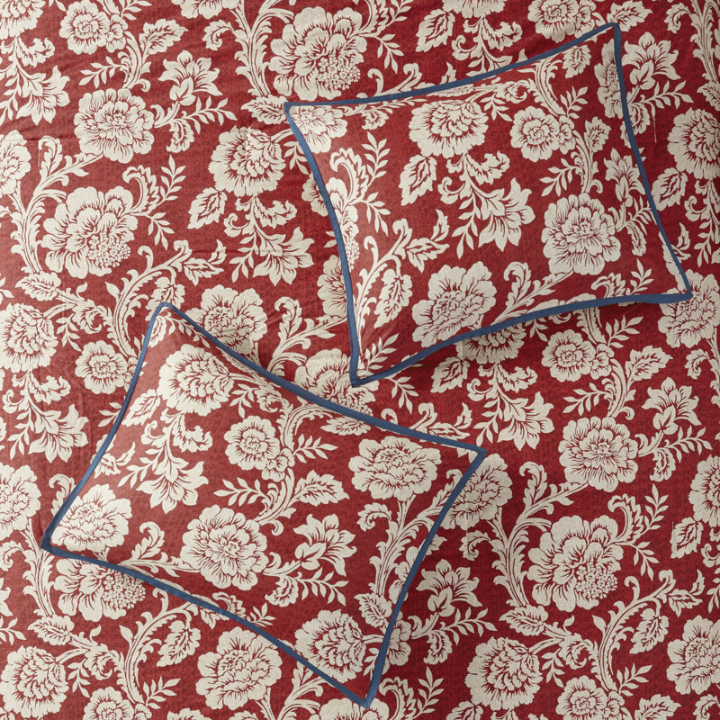 Red Floral Cotton Queen Duvet Cover Set with Shams