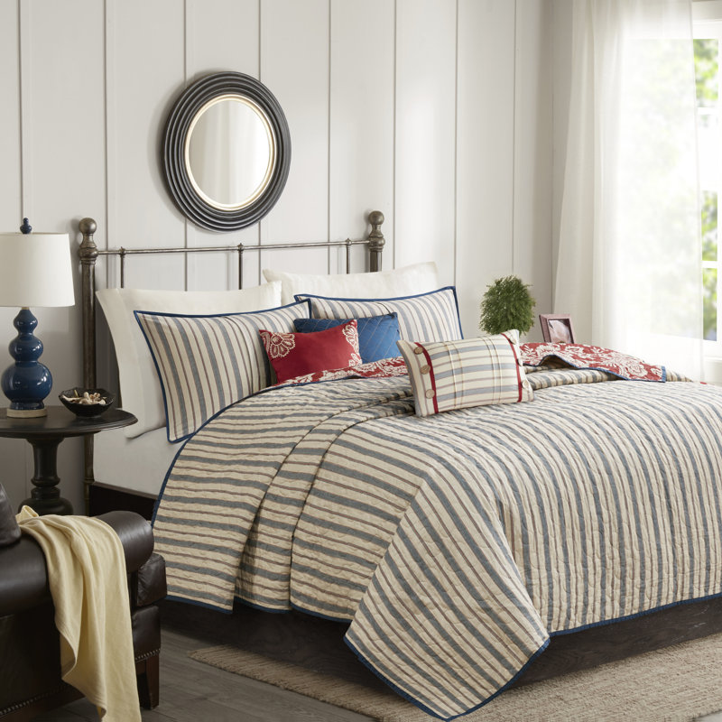 Red and Blue Reversible Cotton King Quilt Set