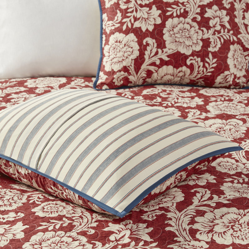 Red Floral Cotton Queen Duvet Cover Set with Shams