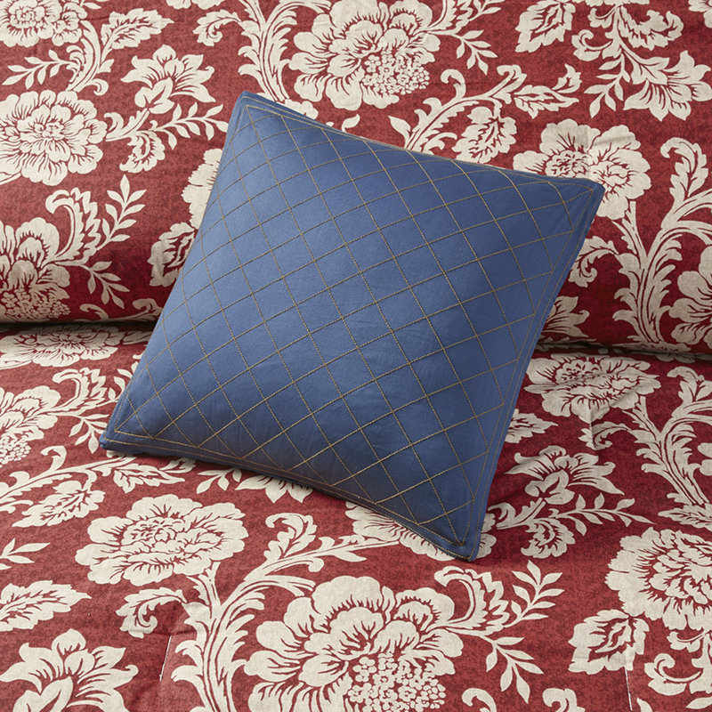 Red Floral Cotton Queen Duvet Cover Set with Shams