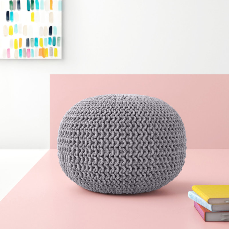 Moroccan Inspired Light Grey Knitted Round Pouf Ottoman