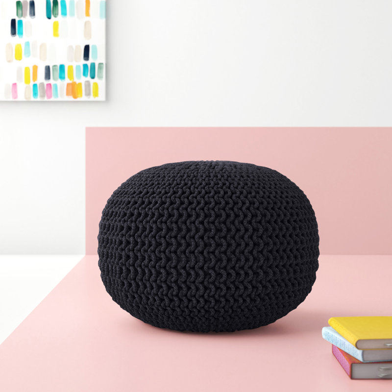 Charcoal Grey Hand-Woven Cotton Round Pouf Ottoman