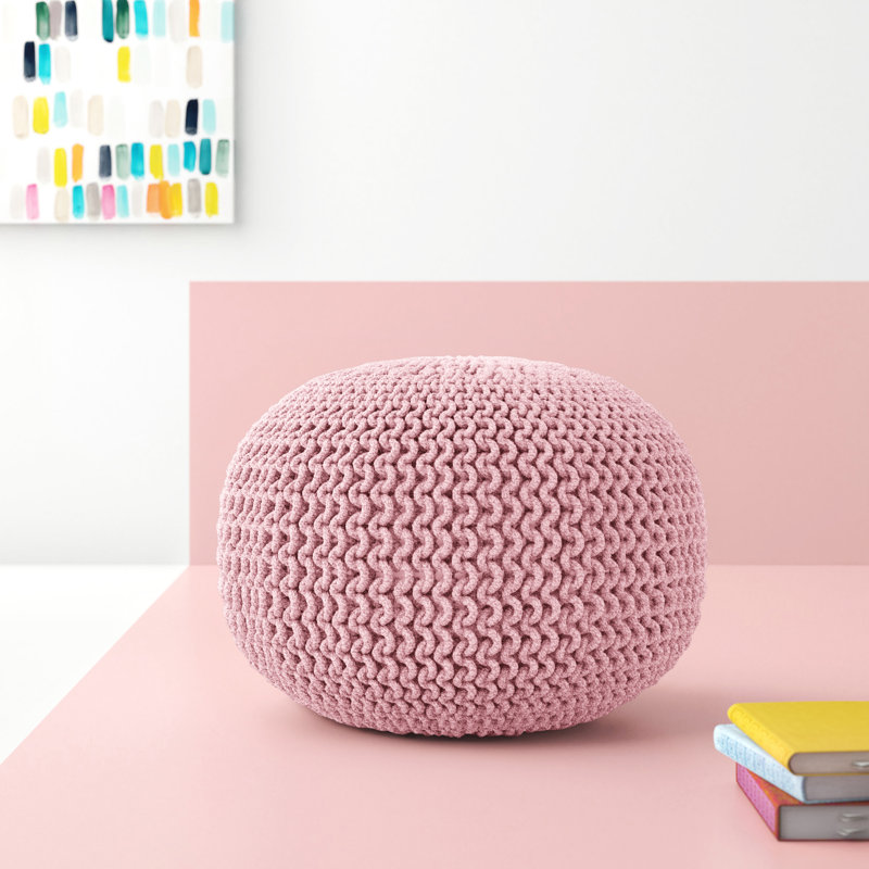 Dusty Rose Cotton Braided Round Pouf Ottoman